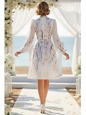  A-Line Knee Length Wedding Guest Dress Wedding Guest Dresses Elegant Daily Long Sleeve V Neck Garden Party Wedding with Floral Print Print Strappy
