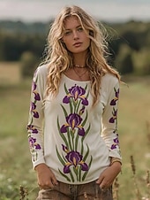 billiga Boho t-shirt-Kvinnors Boho T-shirt Grafisk Vintage Mode Stilig Lång Ärmar Crew Hals Regelbundna T-shirts Daglig Helg Tryck Rosa Lila Ljusblå Sommar Vår