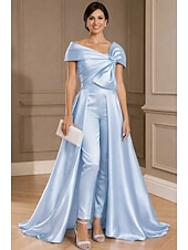 cheap A-Line Evening Dresses-A-Line Floor Length Jumpsuit Evening Gown Ball Gown Ball Gown with Overskirt Formal Dress Elegant Silky Short Sleeve One Shoulder Wedding Formal Stretch Satin Cowl Back with Embroidered Flower Bow(s)