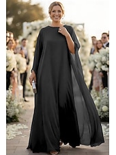 preiswerte Bodenlänge-A-Linie Schlauchkleid Bodenlang Kleid für Hochzeitsgäste Abendkleid Brautmutterkleid Langarm U-Boot-Ausschnitt Elegant Formeller Abend Chiffon mit Einfarbig
