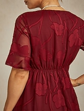  Femmes Robe Midi Robe en Chiffon Robe trapèze Élégant Manche flottante Quotidien robe demoiselle d honneur Dentelle Fleuri Demi Manches Col en V Rouge