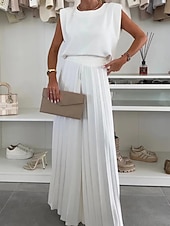 abordables Trajes de blusa para mujer-Mujer Conjuntos de pantalones parte superior del bolero Sin Mangas Escote Redondo Plano Frunce Moda Ropa de calle Diario Exterior Negro Blanco Verano Holgado