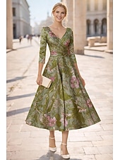  A-linje Te-lengde Cocktailkjoler Elegant Blomster 3/4 ermer V-hals Bryllup Formell Lomme Jacquard med Plissert