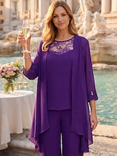 billige Mammas buksedresser-Buksedrakt Gulvlengde Mor til bruden Kjole Langermet Juvel Utringning Elegant Uformell Bryllupsgjeste med Blonde