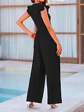 お買い得  ジャンプスーツ-女性用 ジャンプスーツ 活発的 純色 ノースリーブ ワイドレッグ ラウンドネック ラッフル ポケット 日常 バケーション レギュラー ブラック ネイビーブルー 春