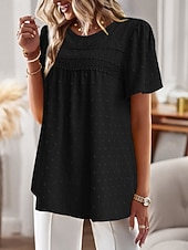 cheap Plain Blouses-Women's Summer Shirt Casual Shirt Blouse Lace Trim Solid Color Vacation Stylish Casual Short Sleeve Crew Neck Regular Tops Daily Beach Holiday Blue Black White Pink Red Summer Spring