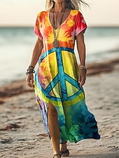 cheap Boho Dress-Women's Maxi Dress T Shirt Dress Tee Dress Sundress A Line Dress Vacation Casual Beach Going out Loose Fit Ombre Graphic Short Sleeve V Neck Blue Yellow Orange Summer Spring