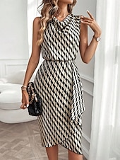 Χαμηλού Κόστους Ριγέ και γεωμετρικό φόρεμα-Γυναικεία Φόρεμα μέχρι το γόνατο Φόρεμα σε ευθεία γραμμή Φόρεμα με δέσιμο στα πλάγια Κομψό Μοντέρνα Καθημερινά ΕΞΩΤΕΡΙΚΟΥ ΧΩΡΟΥ Διακοπές Κανονικό Γεωμετρικό Αμάνικο Με σούρα στο λαιμό