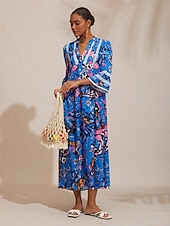 abordables Robes décontractées-robe longue en satin soyeux à pois azur abstraits