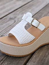 tanie Sandały na koturnie-damskie białe sandały na koturnie z paskiem ze sprzączką – stylowe i wygodne obuwie na lato, plażę i imprezy przy basenie
