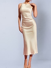cheap Plain Dress-Women's Midi Dress Satin Dress Party Dress Elegant Fashion Modern Outdoor Vacation Going out Regular Fit Plain Sleeveless Crew Neck Apricot Summer Spring Fall