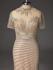  Sirena Tromba Strascico a Terra Abito da Ballo Vestito da Festa Abito Formale Abito da Sera Elegante Festa Scintillante Manica Corta Collo Alto Balli di fine anno Matrimonio con Pizzo Paillettes