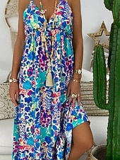 abordables Vestidos casuales con flores-Mujer Vestido Midi Vestido de flores Vestido de verano Vestido lencero Vestido Estampado Moda Moderno Exterior Vacaciones Noche Holgado Floral Sin Mangas Correas Azul Piscina Naranja Verano Primavera