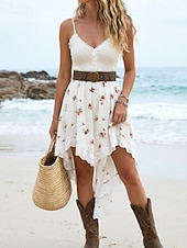 cheap Vacation Boho Dress-Women's Mini Dress Casual Dress Summer Dress Slip Dress Boho Dress Vintage Vacation Daily Going out Regular Fit Floral Sleeveless Straps Black White Spring Summer