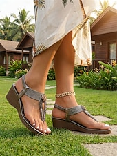 preiswerte Frauen-Zehentrenner-Sandalen aus zinnfarbenem Metallic-Metallic mit verziertem Medaillon – im Boho-Resort-Stil, bequeme Riemchensandalen mit Plateau für tropische Urlaube und Sommerreisen