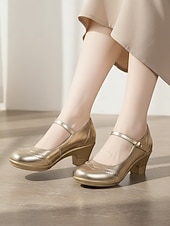 abordables Zapatos Mary Jane-Zapatos Mary Jane plateados metalizados para mujer con tacón medio y correa ajustable: zapatos de oficina cómodos y elegantes para el trabajo y los desplazamientos.