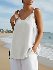 abordables Camisas-Mujer Chaleco de lino y algodón Blusa Espalda al Aire Plano Activo Casual Sin Mangas Con Tirantes Tops regulares Diario Festivos Noche Negro Blanco Amarillo Morado Verde Trébol Verano Primavera