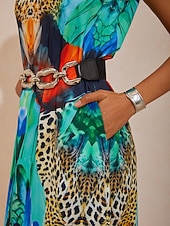 billiga Blommiga klänningar-silkeslen maxiklänning i satin med djungelviltmönster