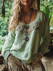 cheap Boho Tops-Women's Shirt Boho Shirt Blouse Print Graphic Bohemia Stylish Classic Long Sleeve V Neck Regular Tops Daily Holiday Going out Blue Black Light Green Wine Apricot Summer Spring Fall