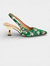 お買い得  スリングバックパンプス-レディースのグリーンの花柄刺繍入りスリングバックパンプス - 1950年代のヴィンテージエレガントなキトゥンヒールシューズ。普段使いやレトロ風スタイルにぴったり。