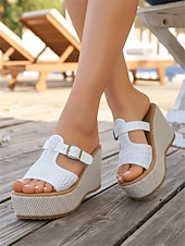 tanie Sandały na koturnie-damskie białe sandały na koturnie z paskiem ze sprzączką – stylowe i wygodne obuwie na lato, plażę i imprezy przy basenie