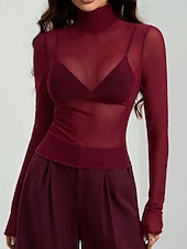 economico Top in Pizzo-Per donna Blusa Patchwork Rete Tinta unica Elegante Classico Moderno Manica Lunga Dolcevita Top Regolari Quotidiano Ferie Uscire Blu Nero Rosso Marrone Verde Estate Primavera Autunno Inverno