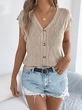 baratos Blusas Simples-Mulheres Tops de verão Blusa Patchwork Botões Tecido à moda Clássico Moderno Manga Curta Decote V Tops regulares Diário Feriado Para Noite Preto Branco Marron Cáqui Verão Primavera