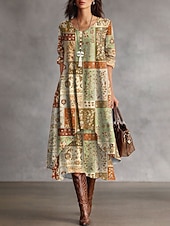 voordelige Strepen- en geometrische jurk-Dames Halflange jurk Hemdjurk Casual Feestdagen Ruim Passend Grafisch Geometrisch Lange mouw Strakke ronde hals Geel Rood Paars Khaki Lente Herfst Winter