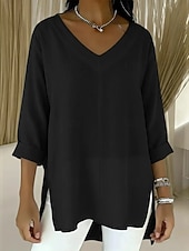 billige Skjorter-Dame Tunika Sommertopper Bluse Imitert bomullslin Lapper Helfarge Elegant Daglig Stilfull Langermet V-hals Vanlige topper Daglig Arbeid Ferie Blå Gressgrønn Svart Hvit Rosa Vår, Høst, Vinter, Sommer
