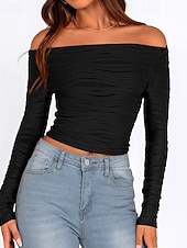 tanie gładka koszulka-Damskie Podkoszulek Koszulka Jednokolorowe Elegancja Moda Elegancki Długi rękaw Z odsłoniętymi ramionami Zwykłe topy Codzienny Wyjściowe Weekend Czarny Biały Rumiany róż Zieleń wojskowa Czerwony