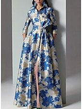 halpa A-linjaiset iltapuvut-A-linja Kokopitkä Iltapuku Tyylikäs Kimalteleva Silkkinen Pitkähihainen Paitapuserokaula-aukko Puutarhajuhlat Häät Tasku Jakardi kanssa Kukkapainatus Rusetti(rusetit) Halkio