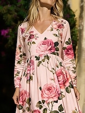 billige Skriv ut blomsterkjoler-Dame Midikjole Boho-kjole Uformell kjole Elegant Årgang Daglig utendørs Feriereise Normal Blomstret Langermet V-hals Rosa Sommer Vår Høst