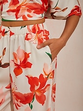 voordelige Broek-lentebloemen zijdezachte satijnen wijde broek