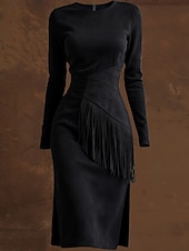 preiswerte Western Boho Kleid-Damen Midikleid Langes Kleid Maxikleid Vintage-Kleid Kleid aus Wildlederimitat Vintage Mode Täglich Outdoor Urlaub Normale Passform Einfach Langarm Rundhalsausschnitt Schwarz Braun Aprikose Sommer