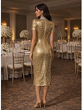 رخيصةأون فساتين متنوعة-عامودي طول الساق فساتين متنوعه حزب فساتين أنيق التألق منمق كم قصير رقبة عالية حفلة ليلية زفاف مترتر سترتش مع تفاصيل كريستال