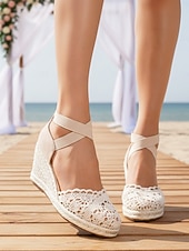 abordables Dama de honor-Sandalias de cuña con alpargatas de encaje beige para mujer, cómodas sandalias de dama de honor con tira en el tobillo para bodas en la playa.