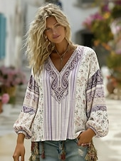  Γυναικεία Πουκάμισο Μπόχο πουκάμισο Λινό από ψεύτικο βαμβάκι Στάμπα Φλοράλ Γραφική Βοημία Βίντατζ Κλασσικό Μακρυμάνικο Λαιμόκοψη V Κανονικά μπλουζάκια Καθημερινά Αργίες Εξόδου Βυσσινί