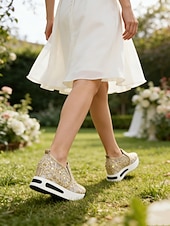 cheap Bride-Women's Glitter Lace Slip-On Platform Sneakers – Dressy Comfort Walking Shoes for Wedding Guests, Parties &amp; Travel (Gold/Black/Silver/Pink/White)