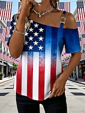  American Independence Day Women's T Shirt Tee Top Print Graphic American Flag Fashion Stylish Classic Short Sleeve One Shoulder Regular Tops Daily Going out Weekend Blue Red Summer Spring