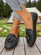 cheap Women's Slip-Ons &amp; Loafers-Women's White Tassel Moccasins Loafers – Soft Faux Leather Slip-On Shoes for Work, Weekend Wear, Travel &amp; Smart Casual Looks