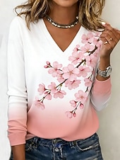 economico Maglietta Arte &amp; Design-Per donna Maglietta Stampato Ombre Grafico Vintage Elegante Classico Manica Lunga Scollo a V Top Regolari Quotidiano Weekend Blu Rosa Arancione Verde Estate Primavera Autunno Inverno