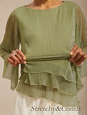 preiswerte Schicke Blusen-Damen Chiffon Tops Plissiert Geschichtet Metallisch Elegant Dreiviertelarm Rundhalsausschnitt Normale Oberteile Hochzeitsgast Hellgrün Sommer Frühling Herbst