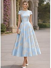 cheap Cocktail Dresses-A-Line Tea Length Cocktail Dresses Wedding Guest Dresses Elegant Short Sleeve Boat Neck Garden Party Formal Satin Lace with Floral Print Pleats Ruched