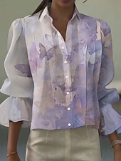 economico Bluse Semplici-Camicia da Donna in Lino Leggero Traspirante Manica Lunga Grafica Marmo Elegante Boho Vintage Collo Normale Top Quotidiani Lavoro Festa Ruffle Blu Giallo Rosa Viola Estate Primavera
