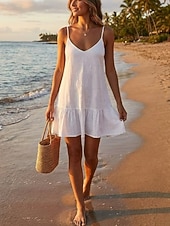 abordables Robes de Luxe-Femmes Mini Robe 100% Coton Robe fourreau Robe d'Été Robe Blanche Basique Moderne Occasionnel Quotidien Week-end Coupe Ample Uni Sans manches Bretelles spaghetti Blanche Jaune Vert Été Printemps