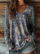 economico T-shirt Boho-Maglietta Boho da donna con grafica floreale piante vintage elegante casual maniche lunghe scollatura a V tops regolari stampa blu nero rosso estate primavera