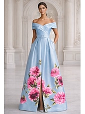  A-linje Gulvlengde Kveldskjoler Elegant Blomster Kortermet Løse skuldre Hage fest Bryllup Lomme Sateng med Blomstertrykk