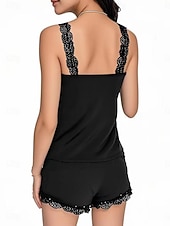 billiga Sovkläder till damer-Dam Nattlinne Pyjamas set Ledigt Komfort Ren färg Spets Lappverk Elastisk midja Shorts Dagligen Hem Ärmlös remmar Svart Rodnande Rosa Rubinrött Sommar Vår Smal