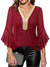 baratos Blusas Elegantes-Mulheres Blusa Tops de lantejoulas Patchwork Bloco de cor à moda Moderno Manga 3/4 Sino Decote V Tops regulares Diário Feriado Para Noite Azul Preto Vermelho Verde Verão Primavera
