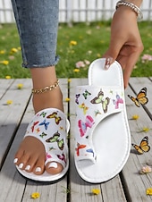 cheap Slide Sandals-Women's White Butterfly Print Flat Slide Sandals – Casual Summer Style, Lightweight Comfort for Ladies, Beach, Vacation, Garden &amp; Daily Wear